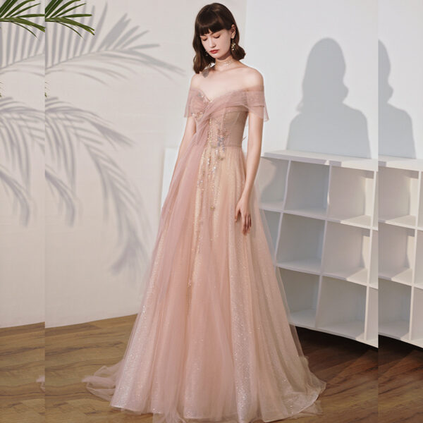 One Shoulder Slim Fairy Aura Light Gauze Bridesmaid Dress - Image 2