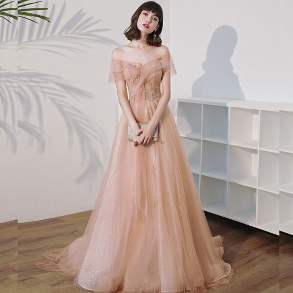 One Shoulder Slim Fairy Aura Light Gauze Bridesmaid Dress - Image 4