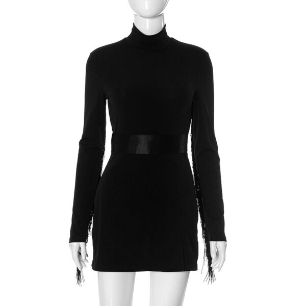 F24RP279 Europe And America Cross Border Women's New Plain Turtleneck Long Sleeve Slim-fit Sheath Back With Tassel One-piece Shorts - Image 2