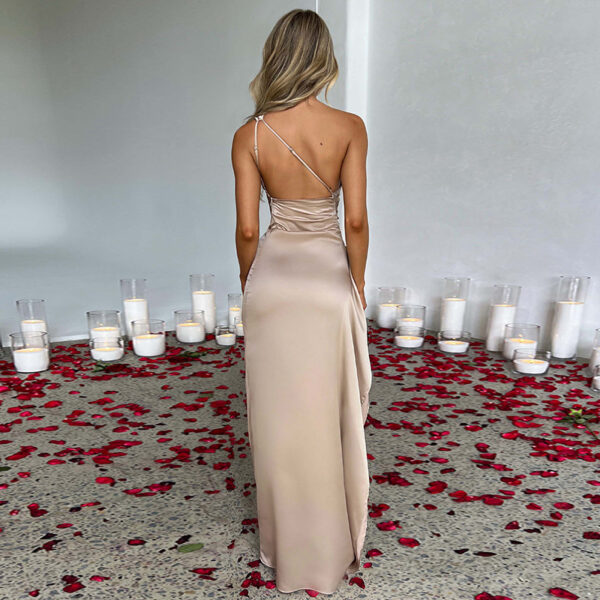 Sexy One-shoulder Backless Slit Dress Summer Elegant Slim-fit Solid Color Satin Dresses For Women - Image 10