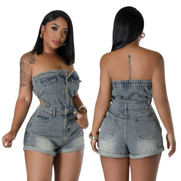 Women's Casual Fashion Tube Top Denim Jumpsuit - Image 2