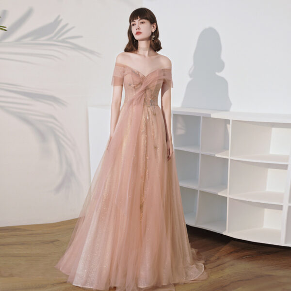 One Shoulder Slim Fairy Aura Light Gauze Bridesmaid Dress - Image 5