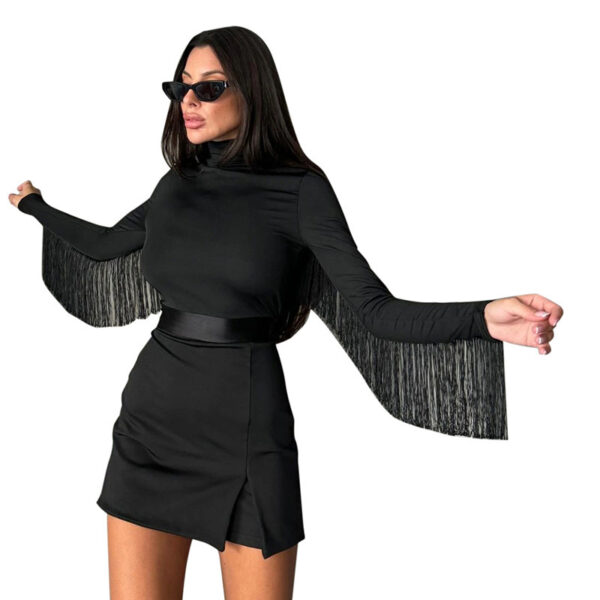 F24RP279 Europe And America Cross Border Women's New Plain Turtleneck Long Sleeve Slim-fit Sheath Back With Tassel One-piece Shorts - Image 3