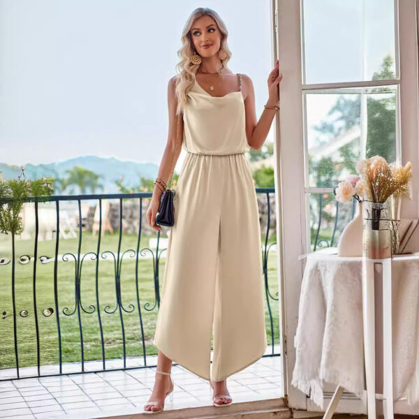 Fashion Casual Solid Color Suspender Waist Wide Leg Jumpsuit - Image 5