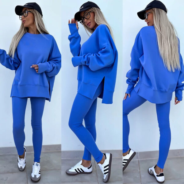 Sweater Suit Women's Casual Loose Long Sleeve Crew Neck Split Top Tight Trousers - Image 8